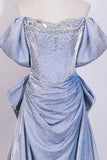 Blue Sparkling Princess Prom Dress with Off-the-Shoulder | Luxury Glitter Evening Gown HZ0429