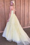 Yellow Lace Long Prom Dresses, A-Line Spaghetti Straps Graduation Dresses HZ0429