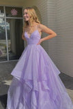 Purple V-Neck Tulle Long Prom Dresses, A-Line Party Evening Dresses HZ0429