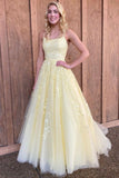 Yellow Lace Long Prom Dresses, A-Line Spaghetti Straps Graduation Dresses HZ0429