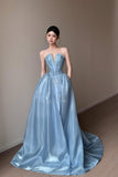 Sky Blue Strapless Deep V-Neck Prom Dress with Pearl Embellishments HZ0429