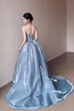 Sky Blue Strapless Deep V-Neck Prom Dress with Pearl Embellishments HZ0429