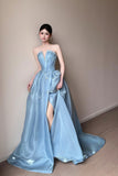 Sky Blue Strapless Deep V-Neck Prom Dress with Pearl Embellishments HZ0429