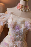Champagne Off Shoulder Floral Tulle Long Prom Party Dress with 3D Flowers HZ0429