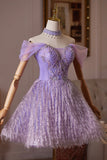Lavender Off the Shoulder Short Homecoming Dress with Beaded Bodice HZ0429