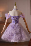 Lavender Off the Shoulder Short Homecoming Dress with Beaded Bodice HZ0429