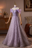 Lavender Off the Shoulder Long A-Line Prom Dress with Beaded Bodice HZ0429