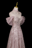 Dusty Pink Glitter Off-the-Shoulder Ball Gown Formal Evening Dress with Tulle Sleeves HZ0429