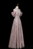 Dusty Pink Glitter Off-the-Shoulder Ball Gown Formal Evening Dress with Tulle Sleeves HZ0429