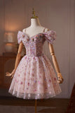 Pink Off Shoulder Short Tulle Homecoming Dress with 3D Flowers HZ0429