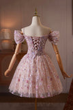 Pink Off Shoulder Short Tulle Homecoming Dress with 3D Flowers HZ0429