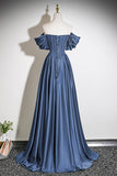 Navy Blue Satin Off-the-Shoulder Beaded A-Line Evening Gown HZ0429