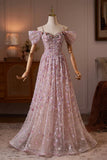 Pink Off Shoulder A-Line Long Prom Dress with 3D Flowers HZ0429