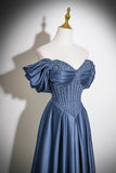 Navy Blue Satin Off-the-Shoulder Beaded A-Line Evening Gown HZ0429