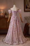 Pink Off Shoulder A-Line Long Prom Dress with 3D Flowers HZ0429
