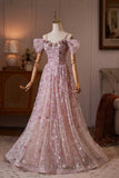 Pink Off Shoulder A-Line Long Prom Dress with 3D Flowers HZ0429