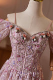 Pink Off Shoulder A-Line Long Prom Dress with 3D Flowers HZ0429