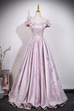 Elegant Off-the-Shoulder Satin Pink Prom Dress with Floral Embroidery HZ0429