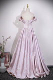 Elegant Off-the-Shoulder Satin Pink Prom Dress with Floral Embroidery HZ0429