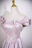 Elegant Off-the-Shoulder Satin Pink Prom Dress with Floral Embroidery HZ0429