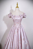 Elegant Off-the-Shoulder Satin Pink Prom Dress with Floral Embroidery HZ0429