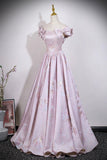 Elegant Off-the-Shoulder Satin Pink Prom Dress with Floral Embroidery HZ0429