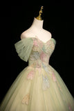 Mint Green Off-the-Shoulder Tulle Ball Gown with 3D Floral Appliques HZ0429