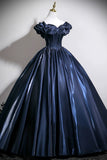 Navy Satin Long Prom Dress A-Line Off the Shoulder Evening Party Dress HZ0429