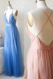 A-Line Tulle Long Prom Dresses, Simple V-Neck Party Dresses HZ0429