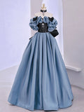 Blue Satin Lace Long Prom Dress, Off Shoulder Evening Dress HZ0429