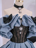 Blue Satin Lace Long Prom Dress, Off Shoulder Evening Dress HZ0429