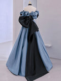 Blue Satin Lace Long Prom Dress, Off Shoulder Evening Dress HZ0429