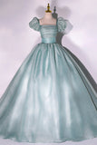 Green Tulle Floor Length Prom Dress, Lovely Short Sleeve Formal Evening Gown HZ0429
