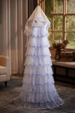 Romantic Lavender Tiered Tulle Prom Dress with Beaded Lace Hooded Veil HZ0429