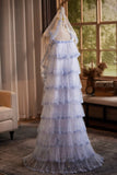 Romantic Lavender Tiered Tulle Prom Dress with Beaded Lace Hooded Veil HZ0429