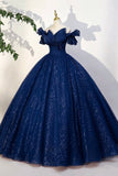 Glitter Tulle Off-the-Shoulder Navy Prom Dress Formal Evening Ball Gown HZ0429