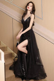 Black V-Neck Sequin Spaghetti Strap Evening Party Gown with Slit HZ0429