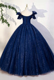 Glitter Tulle Off-the-Shoulder Navy Prom Dress Formal Evening Ball Gown HZ0429