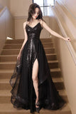 Black V-Neck Sequin Spaghetti Strap Evening Party Gown with Slit HZ0429