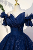 Glitter Tulle Off-the-Shoulder Navy Prom Dress Formal Evening Ball Gown HZ0429