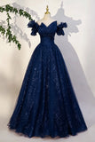 Glitter Tulle Off-the-Shoulder Navy Prom Dress Formal Evening Ball Gown HZ0429