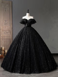 Black Tulle Long A-Line Prom Dress, Shiny Off Shoulder Evening Dress HZ0429