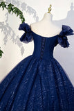 Glitter Tulle Off-the-Shoulder Navy Prom Dress Formal Evening Ball Gown HZ0429