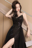 Black V-Neck Sequin Spaghetti Strap Evening Party Gown with Slit HZ0429