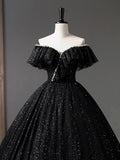 Black Tulle Long A-Line Prom Dress, Shiny Off Shoulder Evening Dress HZ0429