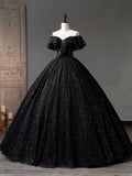 Black Tulle Long A-Line Prom Dress, Shiny Off Shoulder Evening Dress HZ0429