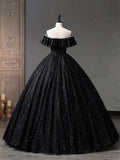Black Tulle Long A-Line Prom Dress, Shiny Off Shoulder Evening Dress HZ0429