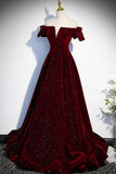 Burgundy Velvet Long Prom Dresses, Off the Shoulder Formal Evening Dresses HZ0429