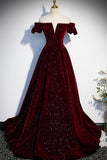 Burgundy Velvet Long Prom Dresses, Off the Shoulder Formal Evening Dresses HZ0429