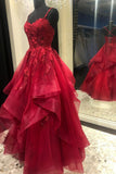 Red Lace Long Prom Dresses, Red Backless Formal Evening Dresses HZ0429
